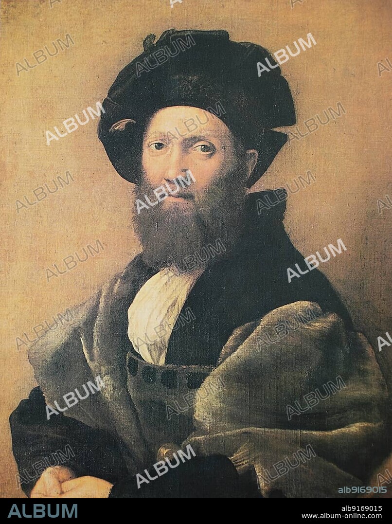 Portrait of Baldassare Castiglione, by Raffaello Sanzio da Urbino, also Raphael da Urbino, Raffaello Santi, Raffaello Sanzio, Raphael, Italian painter, Italy, digitally restored reproduction of a work of art (public domain) from c. 1500, Europe.