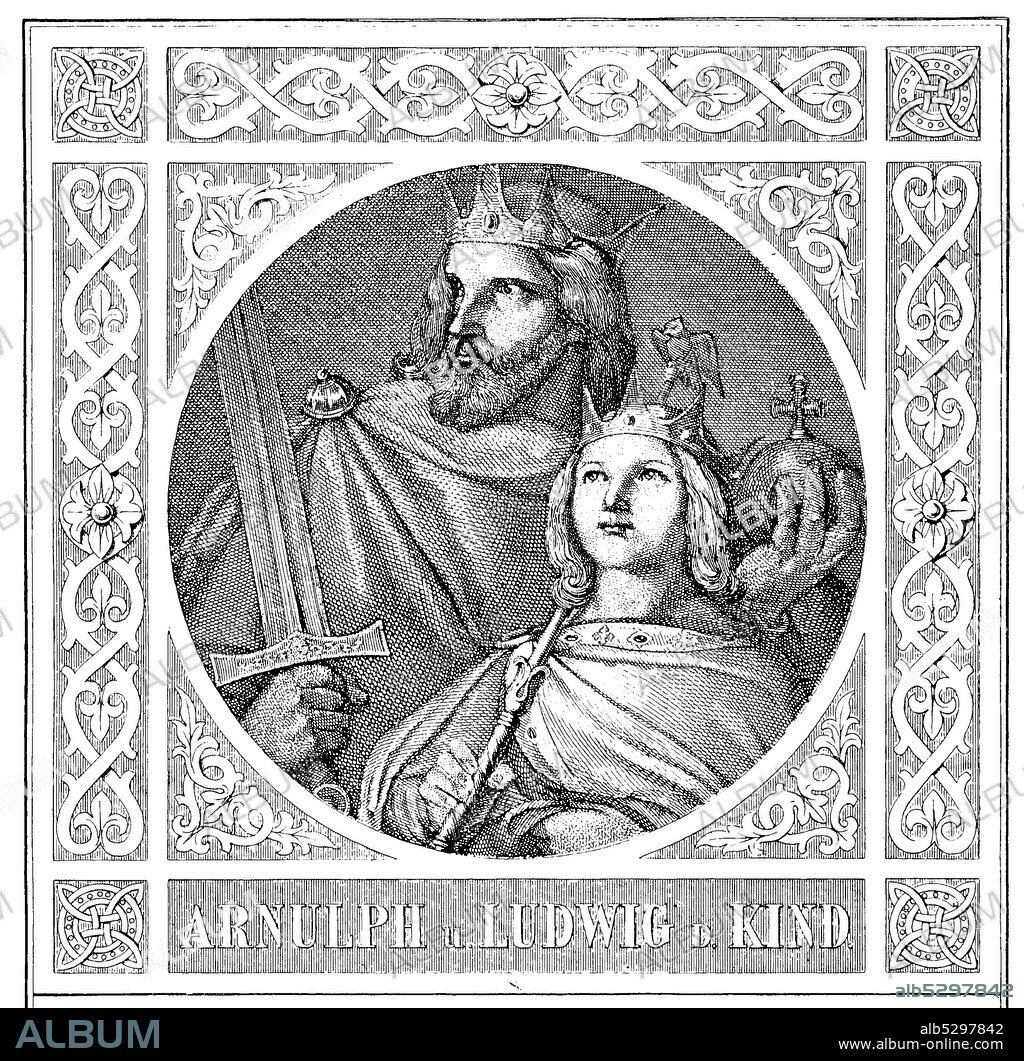 Arnolf of Carinthia (* 850, † December 8 899) from the noble family of the Carolingian was from 887 King of Ostfrankenreiches and 896 to 899 Roman Emperor Louis IV and the child (born September 893, † 24 September 911).  /  Arnolf von Kaernten (* um 850- 8. Dezember 899) aus dem Adelsgeschlecht der Karolinger war ab 887 Koenig des Ostfrankenreiches und von 896 bis 899 roemischer Kaiser und Ludwig IV., das Kind (* September 893- 24. September 911), historical, digital improved reproduction of an original from the 19th century / digitale Reproduktion einer Originalvorlage aus dem 19. Jahrhundert'.