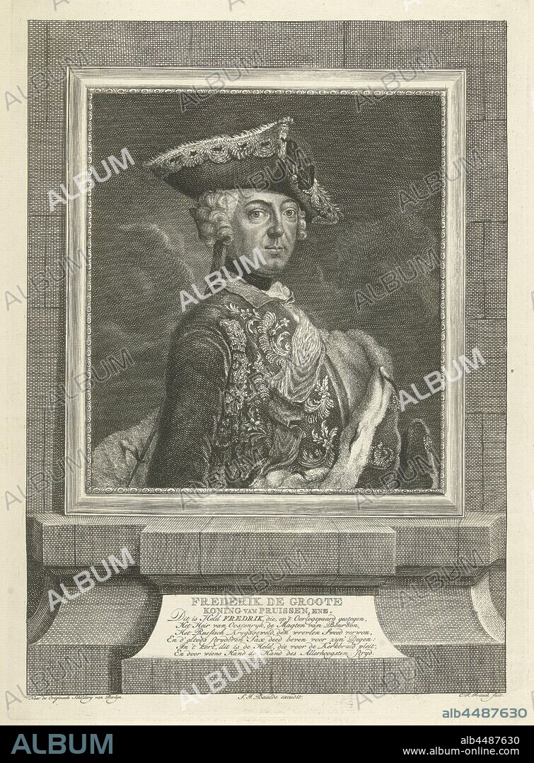 Portrait of Frederick II the Great, King of Prussia, half to the right. The head is adorned with a triangular stitch. His coronation coat is draped over his uniform. Below the portrait are on a pedestal his name, title and a six-line caption in Dutch, Frederick II (King of Prussia), Christian Friedrich Fritzsch (mentioned on object), Amsterdam, 1755 - 1788, paper, engraving, h 350 mm w 252 mm.