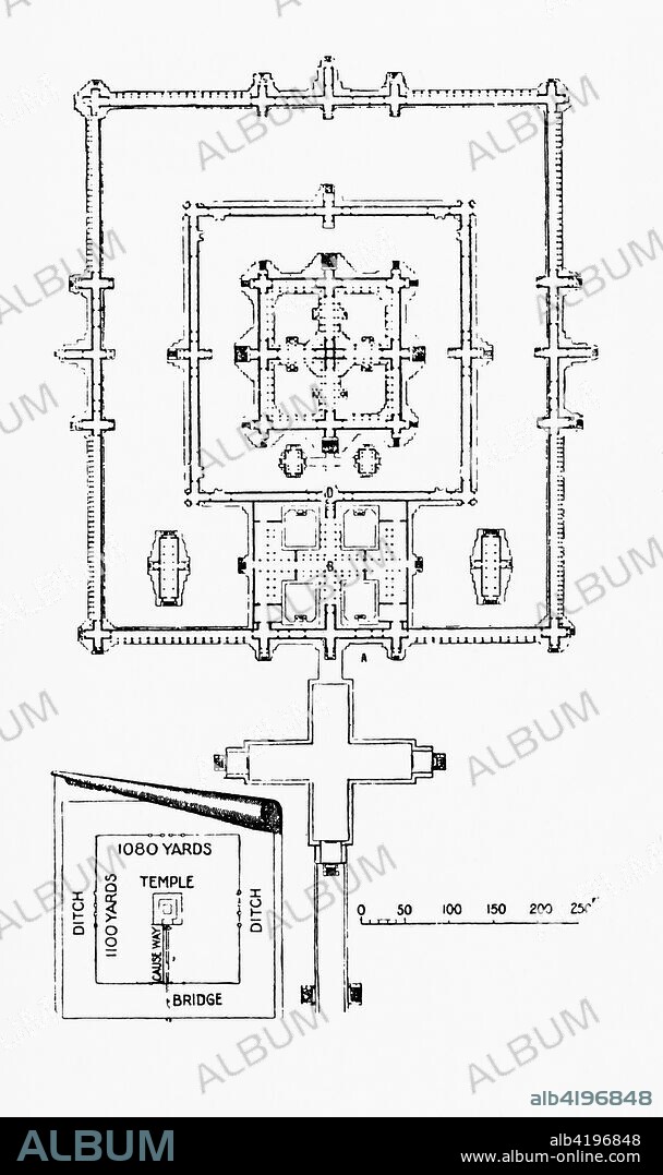Floor plan of the Wat Phra Mahathat Woramahawihan, the main Buddhist temple (wat) of the Nakhon Si Thammarat Province in Southern Thailand.  From The Wonders of the World, published c.1920.