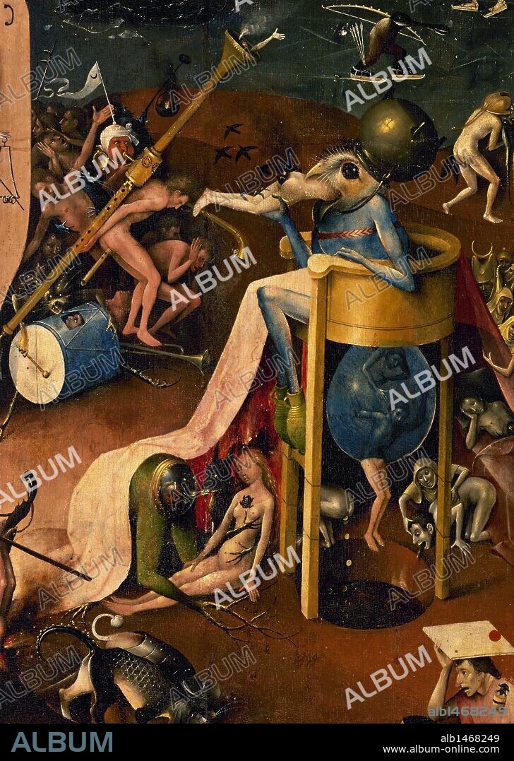 HIERONYMUS BOSCH. BOSCH, Hieronymus Aeken Bosch o "EL BOSCO" (Bois-le-Duc,1450-Bois-le-Duc,1516). Pintor y grabador neerlandés, perteneciente a la "Escuela Flamenca". "EL JARDIN DE LAS DELICIAS" o "LA PINTURA DEL MADROÑO". Tríptico en tabla (2,20 x 1,95 m). Detalle de la hoja derecha que representa EL INFIERNO. Museo del Prado. Madrid. España.