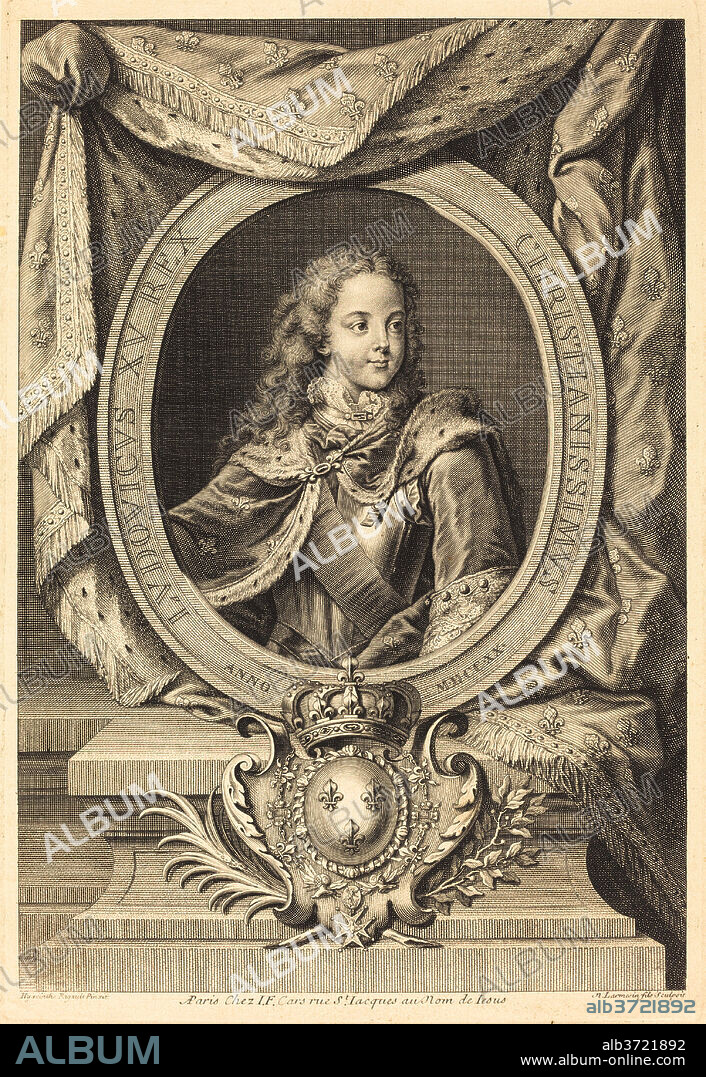 NICOLAS DE LARMESSIN IV AFTER HYACINTHE RIGAUD. Louis XV. Dated: c. 1720. Dimensions: plate: 35.1 x 23.8 cm (13 13/16 x 9 3/8 in.). Medium: engraving on laid paper.