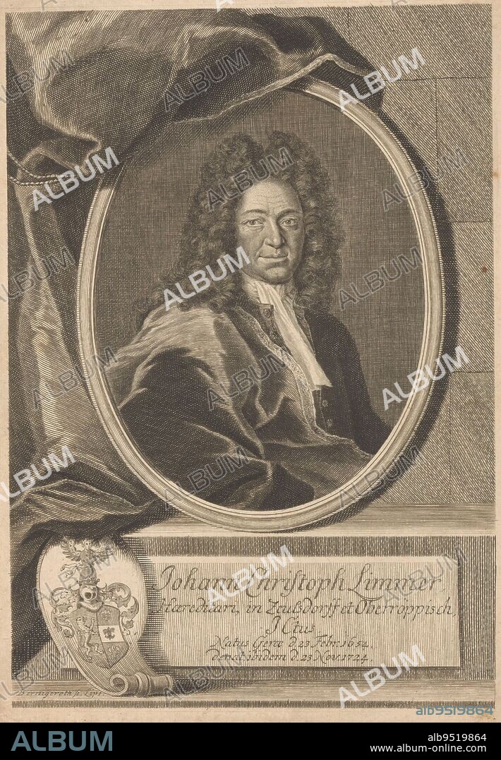 Portrait of Johann Christoph Limmer, Martin Bernigeroth, 1724 - 1733, print maker: Martin Bernigeroth, (mentioned on object), Leipzig, 1724 - 1733, paper, engraving, h 290 mm × w 204 mm.