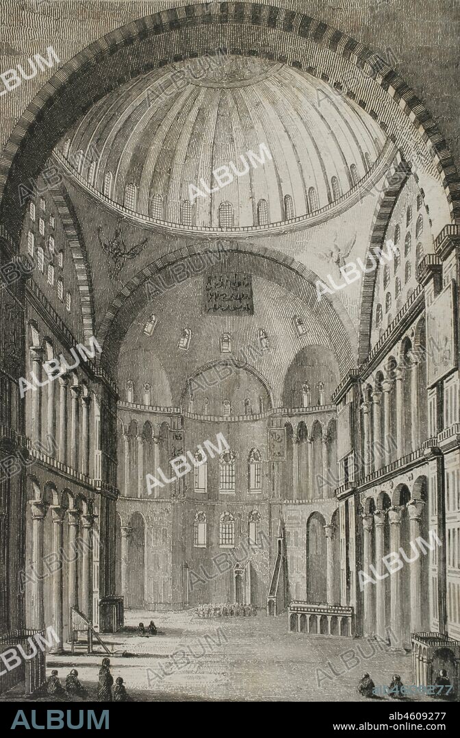 Imperio Otomano. Turquía. Constantinopla (actual Estambul). Interior de Santa Sofía o Hagia Sophia, antigua basilica bizantina convertida en mezquita. Grabado por Lemaitre y Dumouxa. Historia de Turquía, por Joseph Marie Jouannin (1783-1844) y Jules Van Gaver. Panorama Universal, edición española de 1840.