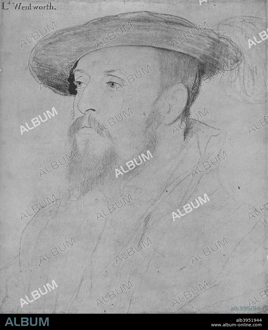 'Thomas, Baron Wentworth', c1532-1543 (1945). Thomas Wentworth, 1st Baron Wentworth and de jure 6th Baron le Despencer, PC (1501-1551) was an English peer and courtier during the Tudor dynasty. The drawing is part of the Royal Collection Trust, Windsor Castle. From The Drawings of Holbein at Windsor Castle by K. T. Parker. [The Phaidon Press Ltd, Oxford & London, 1945].