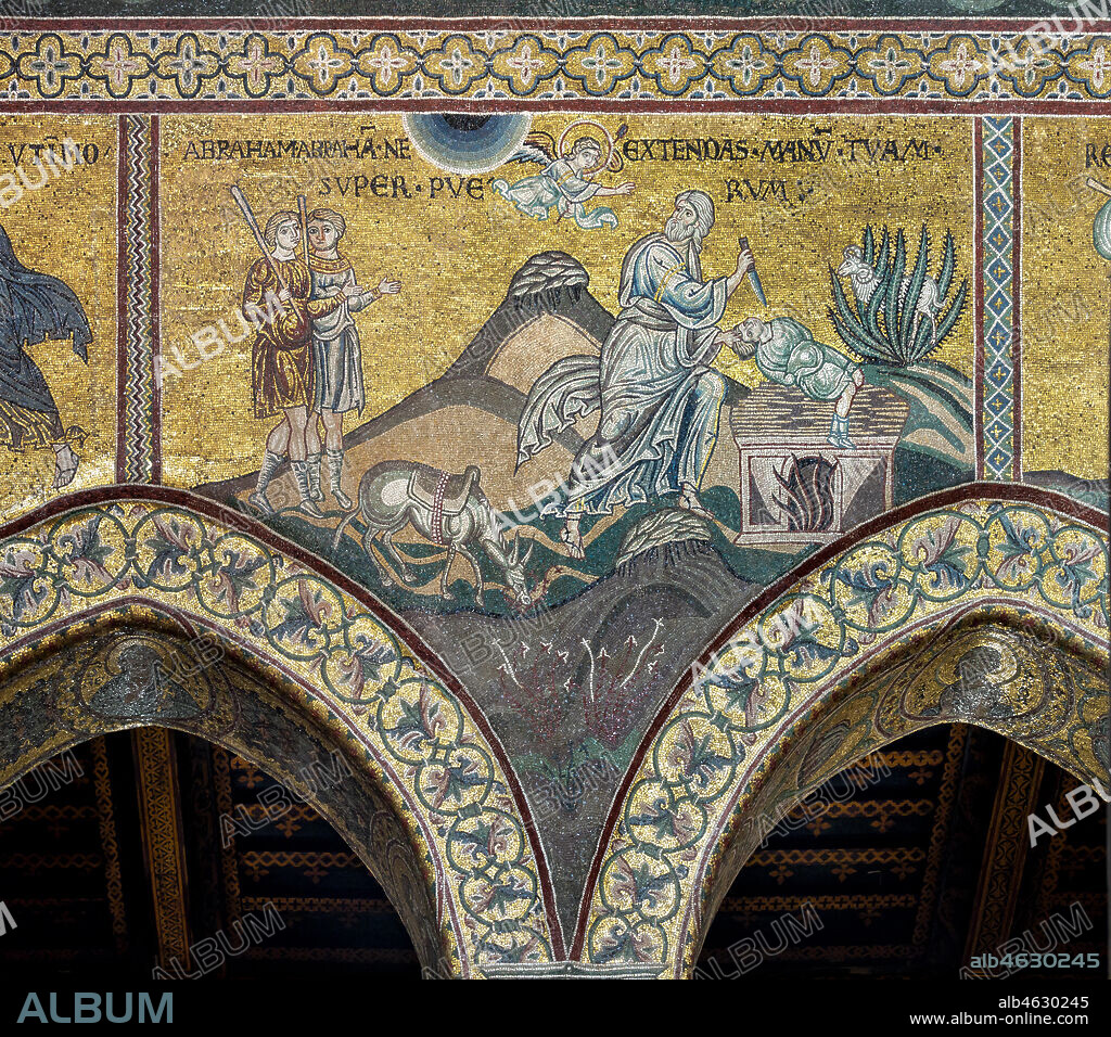 Monreale, Duomo: "Sacrifice of Isaac (Stop, Abraham"), Byzantine mosaic, Old Testament cycle - Abraham, XII - XIII century.. Latin inscription: "ABRAHAM, ABRAHAM, NE EXTENDAS MANUM TUAM SUPER PUERUM".