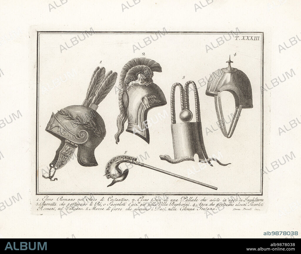 Roman helmet from the Arch of Constantine 1, Greek Pallas helmet 2, cap worn by kings or priests of Egypt now in the Villa Barberini 3, apex cap used by some Roman priests or flamen from the Vatican 4, and iron mace used by the Dacians, from Trajan's Column 5. Copperplate engraving by Domenico Pronti from his own New Collection Representing Religious, Civil and Military Costumes of the Ancient Egyptians, Etruscans, Greeks and Romans, Nuova Raccolta Rappresentante I Costumi Religiosi Civili e Militari, Rome, 1805.