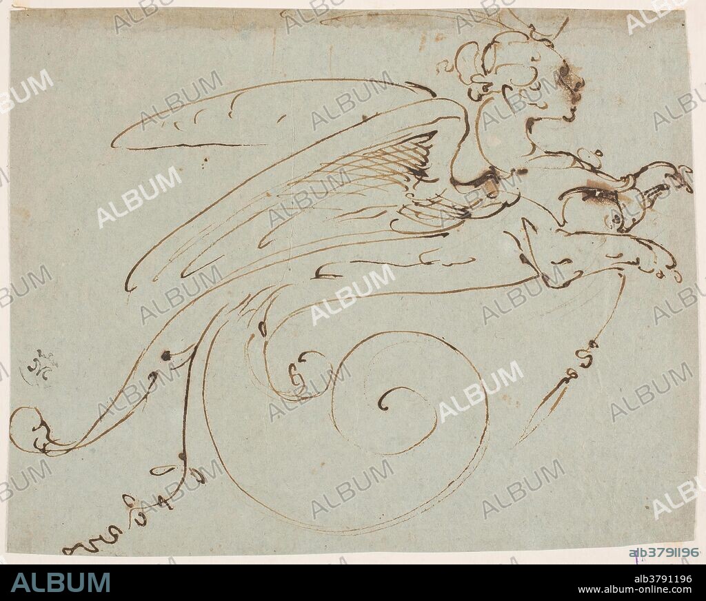 Luca Cambiaso / 'Dibujo para unas volutas con la forma de una arpía'. Last third of the XVI century. Pencil, Pencil ground, Grey-brown ink on blue paper.
