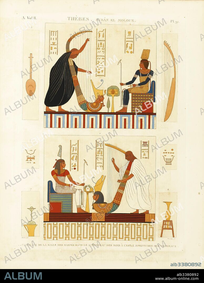 ANDRE DUTERTRE. Paintings of two harpers in the tomb of Pharaoh Ramesses III in the Valley of the Kings. From "The Description de l'Égypte".