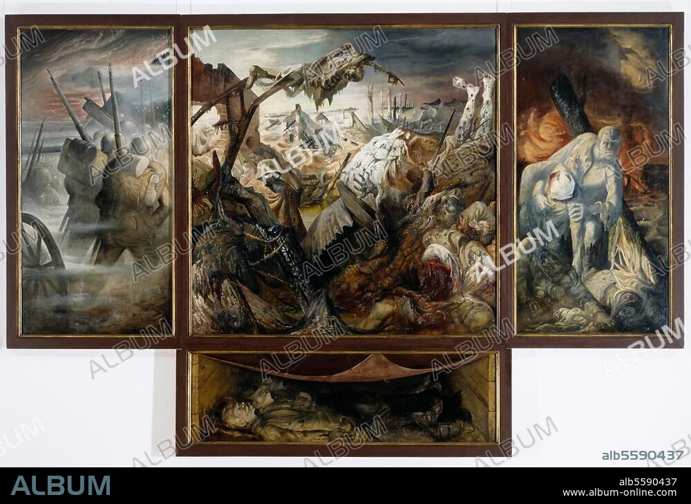 OTTO DIX. Dix, Otto. 1891-1969. "Der Krieg" (Triptychon), 1929/32. Mischtechnik auf Holz, Mitteltafel, 204 × 204 cm. Linke und rechte Tafel 204 × 102 cm. Predella 60 × 204 cm. Dresden, Staatliche Kunstsamlungen Dresden, Galerie Neue Meister.