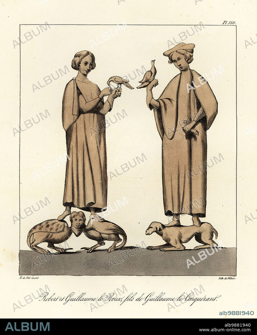 Robert II, Robert Curthose, Duke of Normandy (1051-1134) and William II, William Rufus, King of England (1056-1100). Both sons of William the Conqueror. From carved figures showing the sons with birds, standing on a chimera and dog. Robert et Guillaume le Roux, fils de Guillaume le Conquerant. Tinted lithograph by Villain after an illustration by Horace de Viel-Castel from his Collection des costumes, armes et meubles pour servir à l'histoire de la France (Collection of costumes, weapons and furniture to be used in the history of France), Treuttel & Wurtz, Bossange, 1829.