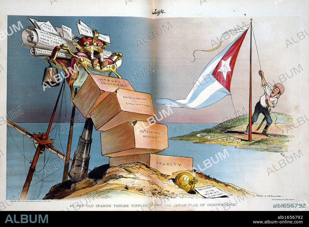 Spanish-American War 1898. Spain lost her empire and United States became regional power in South America and the Caribbean. Cartoon showing Theodore Roosevelt hoisting Cuban flag below pennant marked 'Independence'.