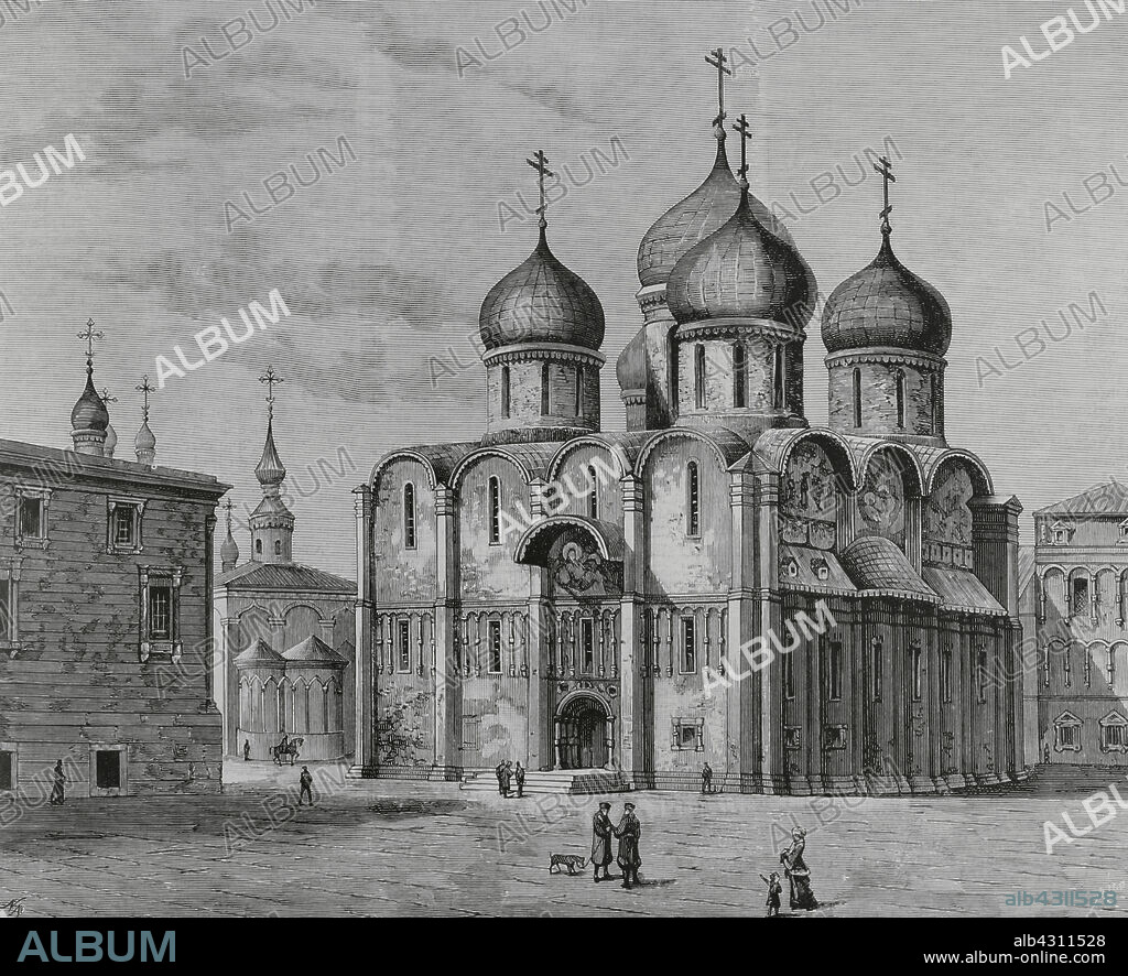 BERNARDO RICO (1825-1894). SPANISH PAINTER AND ENGRAVER.. Rusia. Moscú. Catedral de la Dormición, también llamada Catedral de la Asunción. Fue construida entre 1475 y 1479 dentro del Kremlin, en la Plaza de las Catedrales. Vista general exterior. Grabado por Bernardo Rico (1825-1894). La Ilustración Española y Americana, 1883.