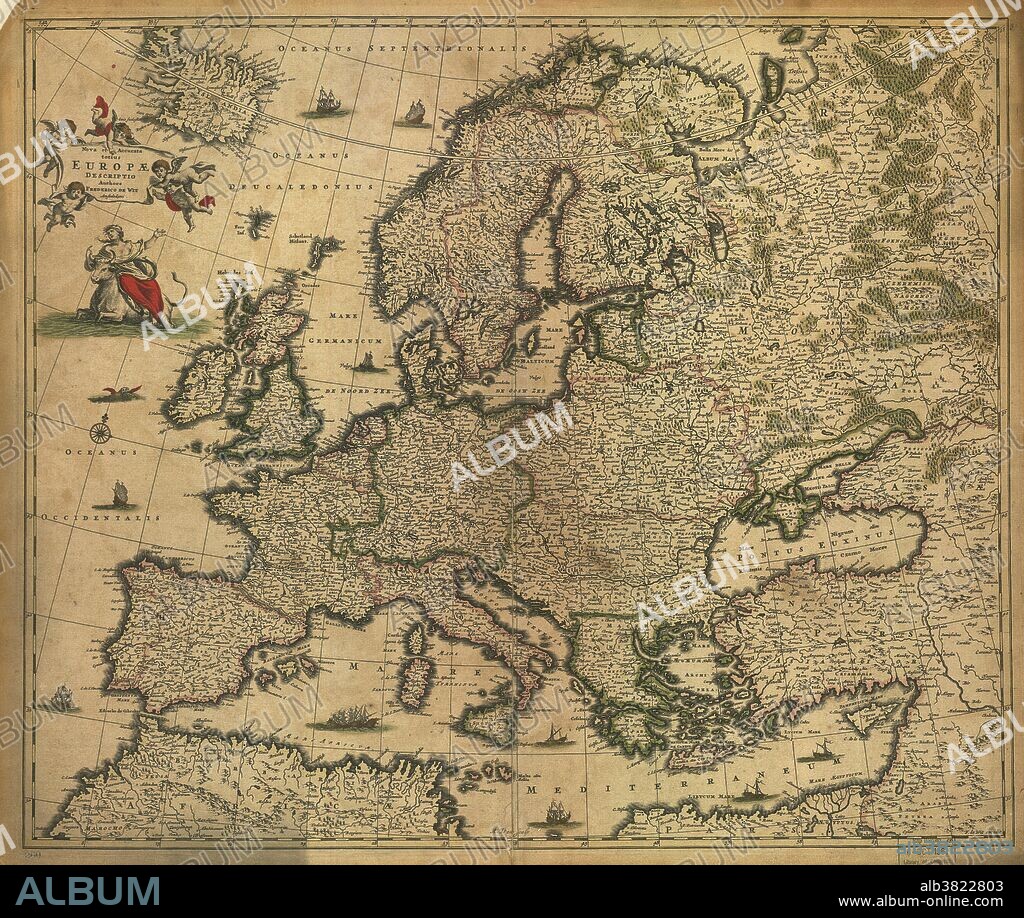 17th century map of Europe. Published in 1700, this map by the Dutch cartographer Frederick de Witt (1630-1706) shows the latest knowledge of the geography of Europe. The mapping has improved greatly on earlier maps, though there are still errors and distortions of scale. The inscriptions are in Latin. The title banner at upper left is being carried by cherubs, and below that is a depiction of the mythological tale of Europa, carried away by Zeus who took the form of a white bull. The continent of Europe is named after Europa.