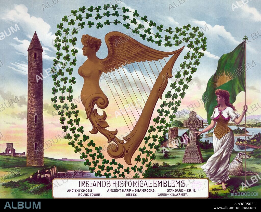 Lithograph of Ireland's historical emblems by the Eagle Lithograph Company, 1894. Ancient cross, ancient harp and shamrocks, standard of Erin, roundtower, abbey, lakes of Killarney. The Celtic cross is a symbol that combines a cross with a ring surrounding the intersection. The Celtic harp is a triangular harp traditional to Brittany, Ireland, Scotland and Wales. The shamrock refers to the young sprigs of clover or trefoil. It is known as a symbol of Ireland, with St. Patrick having used it as a metaphor for the Christian Trinity. The sunburst flag is a flag associated with early Irish nationalism. Irish round towers are early medieval stone towers of a type found mainly in Ireland, with two in Scotland and one on the Isle of Man. An abbey has historically been a Catholic monastery or convent, under the authority of an Abbot or an Abbess, who serves as the spiritual father or mother of the community. The Lakes of Killarney are a renowned scenic attraction located near Killarney, County Kerry, in Ireland. They consist of three lakes - Lough Leane, Muckross Lake (also called Middle Lake) and Upper Lake.