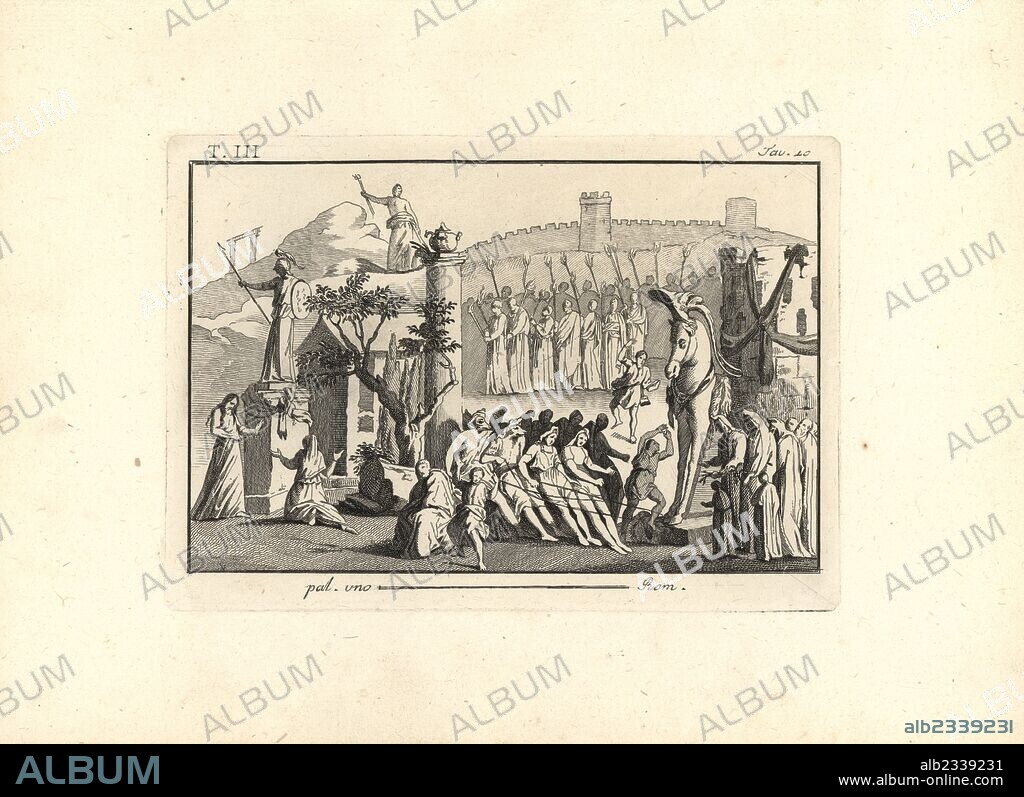 Trojans pulling the wooden horse into the city. Two rows of bizarrely dressed people and others wearing dog masks pull the horse with ropes. Laocoon stands at the base of the statue of Minerva, and Cassandra kneels before it. Copperplate engraving by Tommaso Piroli from his Antiquities of Herculaneum (Antichita di Ercolano), Rome, 1790.