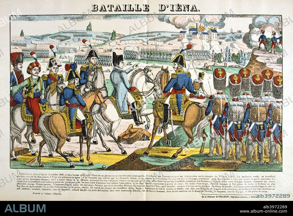 'Battle of Jena', 14 October,1806, (c1835). The battle of Jena in Germany began with the chance evening meeting of Marshal Lannes' corps with a Prussian force of 35,000 men under General Friedrich Hohenloe. At 1pm, Bonaparte ordered a general advance and within two hours the exhausted Prussians gave way, fleeing the field and trying to avoid the sabres of Marshal Murat's horsemen. Jena cost Bonaparte some 5000 men, but the Prussians had a staggering 25,000 casualties.