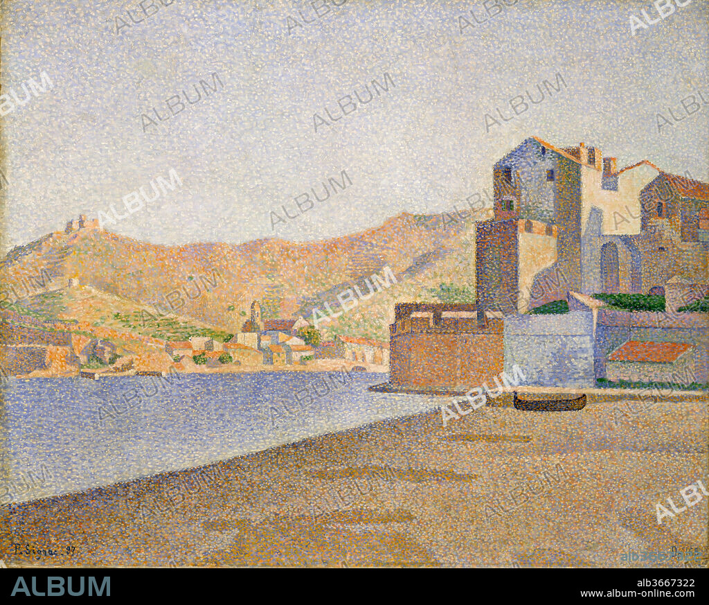 The Town Beach, Collioure, Opus 165 (Collioure. La Plage de la ville. Opus 165). Artist: Paul Signac (French, Paris 1863-1935 Paris). Dimensions: 24 3/4 x 31 1/2 in. (62.9 x 80 cm). Date: 1887.
Beginning in 1886, Signac worked in the Neoimpressionist
style, layering dots and dashes of paint to
create optical colored effects. Viewed closely, the eye
registers the tiny brush marks of pigment as detached;
viewed from a distance, however, the eye blends the
colors and they appear as larger, cohesive forms. The
Lehman picture is one of four summer landscapes that
Signac painted during his stay in Collioure, a small
fishing village in France.