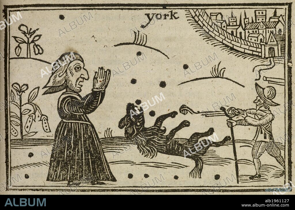 The killing of Prince Rupert's dog, named 'Boy', during the battle of Marston Moor, during the English civil war. A dog's elegy, or Rupert's tears for the late defeat at Marston-Moore ... London, July 27, 1644. A woodcut showing a witch, a cavalier and Prince Rupert's dog. Image taken from: A Dog's Elegy, or Rupert's tears for the late defeat at Marston-Moore, ... where his beloved dog, named Boy, was killed by a valliant souldier, who had skill in necromancy. Likewise the strange breed of this shagg'd cavalier ... with all his tricks and feats. Source: E.3.(17). Language: English.