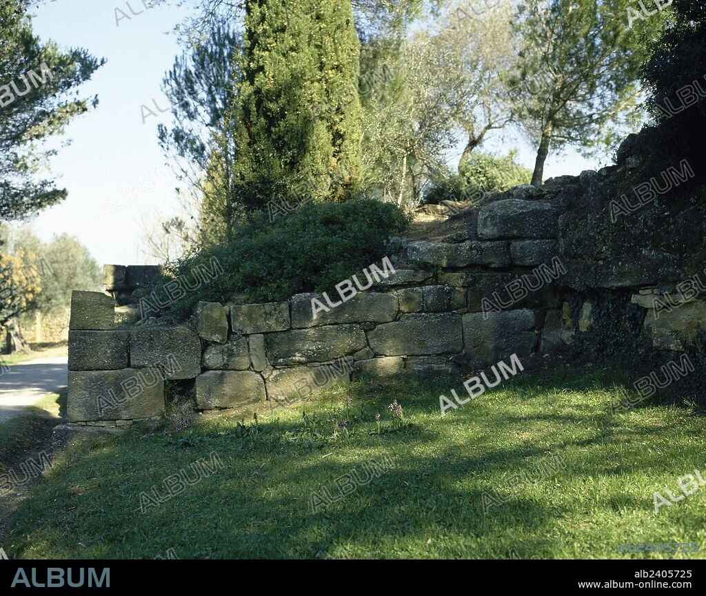 Iberian settlement of El Puig de Sant Andreu. 6th century-2nd century BC. Iberian-Roman wall. Square tower in the area of the triangular field. 3rd century BC. Ullastret, Girona province, Catalonia, Spain.