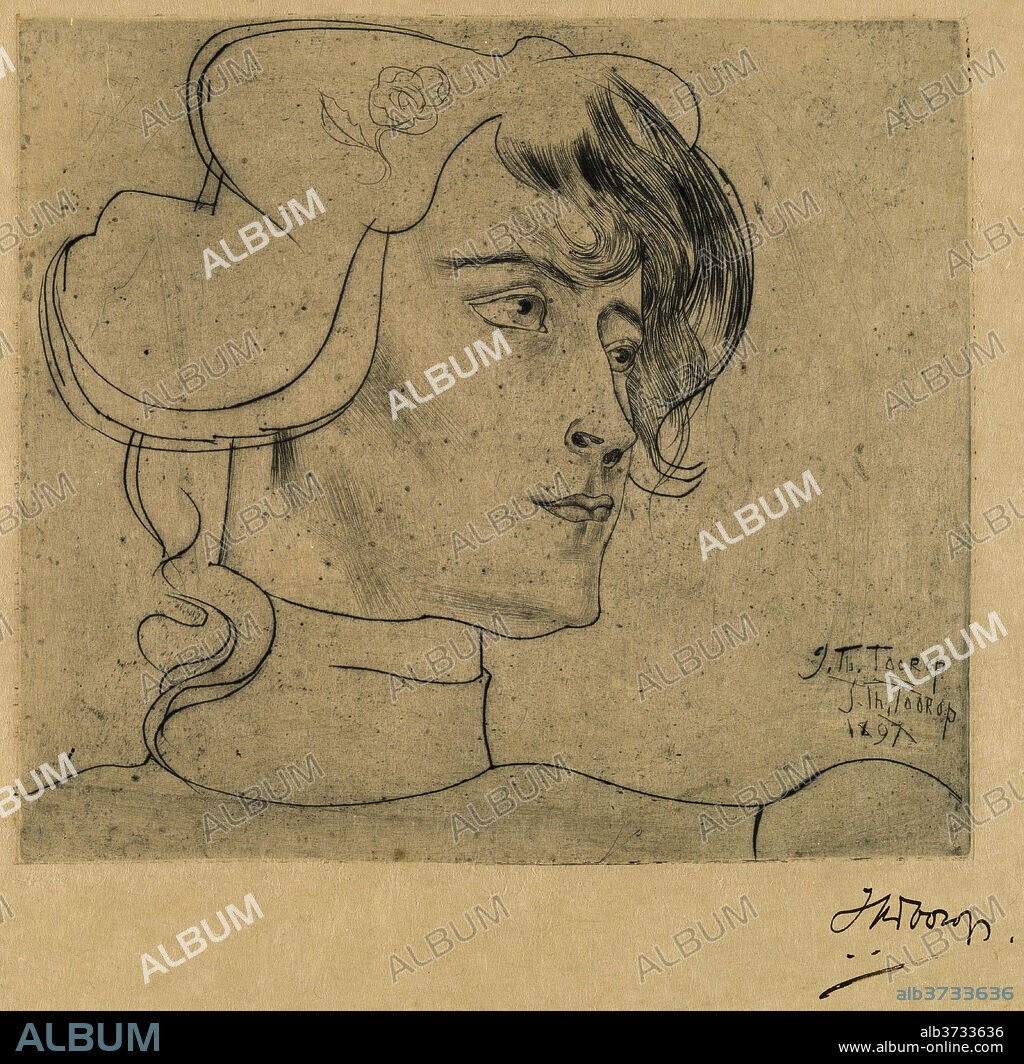 JAN TOOROP. Head of a Woman (Marguérite Adolphine Helfrich). Dated: 1897. Dimensions: plate: 15 x 16.8 cm (5 7/8 x 6 5/8 in.)  sheet: 24.9 x 32.3 cm (9 13/16 x 12 11/16 in.). Medium: drypoint on wove paper.