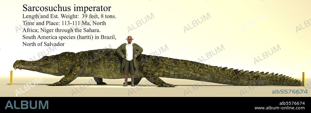Sarcosuchus size reference chart. Sarcosuchus was a giant crocodile from the Middle Cretaceous period.