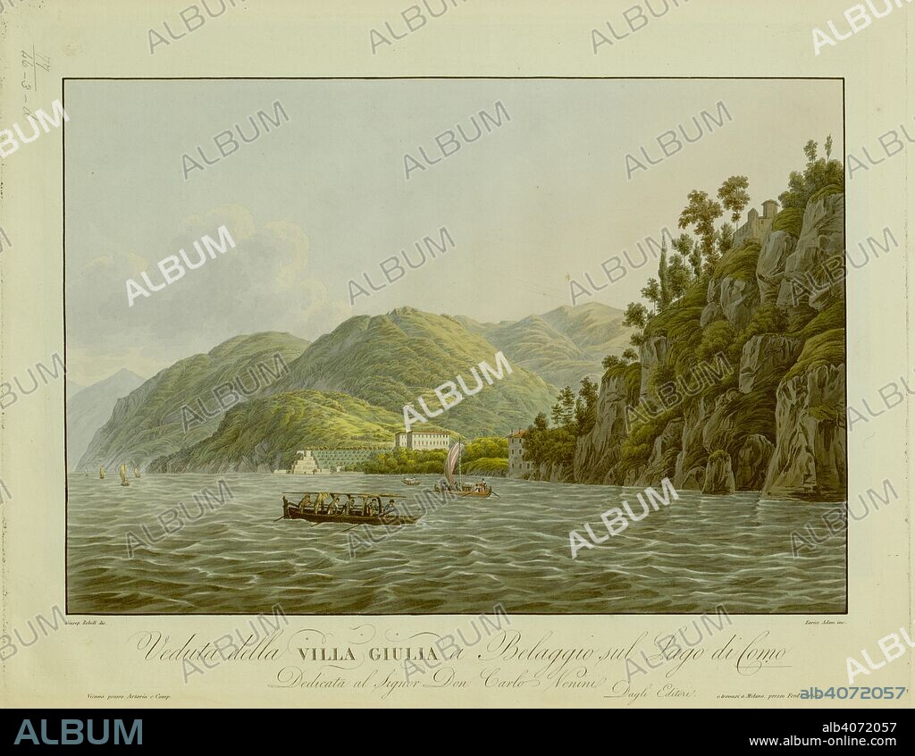 Fiver rowers on a boat on Lake Como in the foreground, with a view of Villa Giulia and its gardens on the shore and mountains and sailing ships in the background . Veduta della VILLA GIULIA a Belaggio sul Lago di Como : Dedicata al Signor Don Carlo Venini Dagli Editori. Vienna : presso Artaria e Comp. e trovasi a Milano, presso Ferd. Artaria, [between 1810 and 1820]. Source: Maps K.Top.77.46.3.d. Language: Italian.