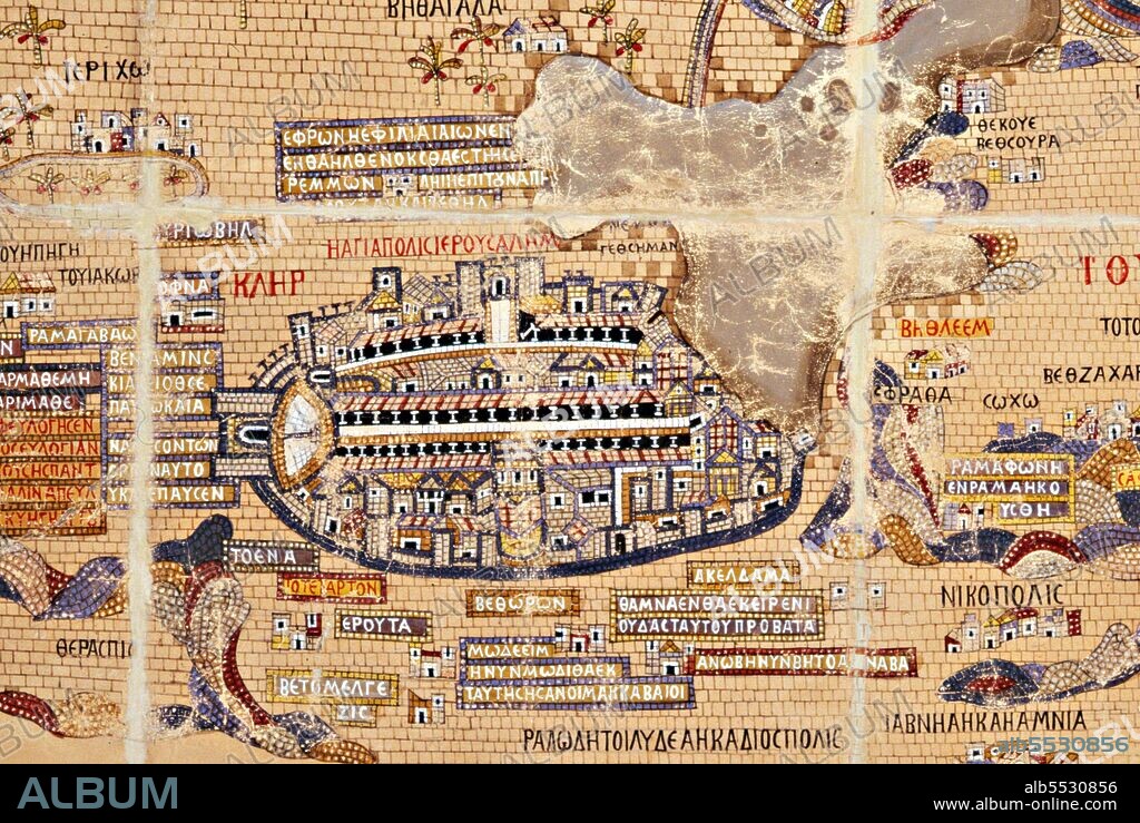 The Madaba Map (also known as the Madaba Mosaic Map) is part of a floor mosaic in the early Byzantine church of Saint George at Madaba, Jordan. The Madaba Map is a map of the Middle East. Part of it contains the oldest surviving original cartographic depiction of the Holy Land and especially Jerusalem. It dates to the 6th century CE.