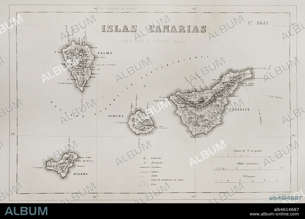 Historia de España. Mapa de las Islas Canarias. Islas de Tenerife, El Hierro, La Gomera y La Palma. Grabado. Crónica General de España, Historia Ilustrada y Descriptiva de sus Provincias. Canarias, 1871.