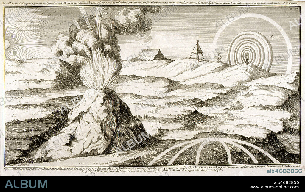 Eruption du volcan Cotopaxi (en Equateur) en 1743. Illustration tiree de l'ouvrage de Don George JUAN et Don Antoine de Ulloa 'Voyage historique de l'Amerique meridionale..', edition de 1752 (18e, 18eme, XVIIIe s.). Credit : JEAN VIGNE / KHARBINE-TAPABOR.