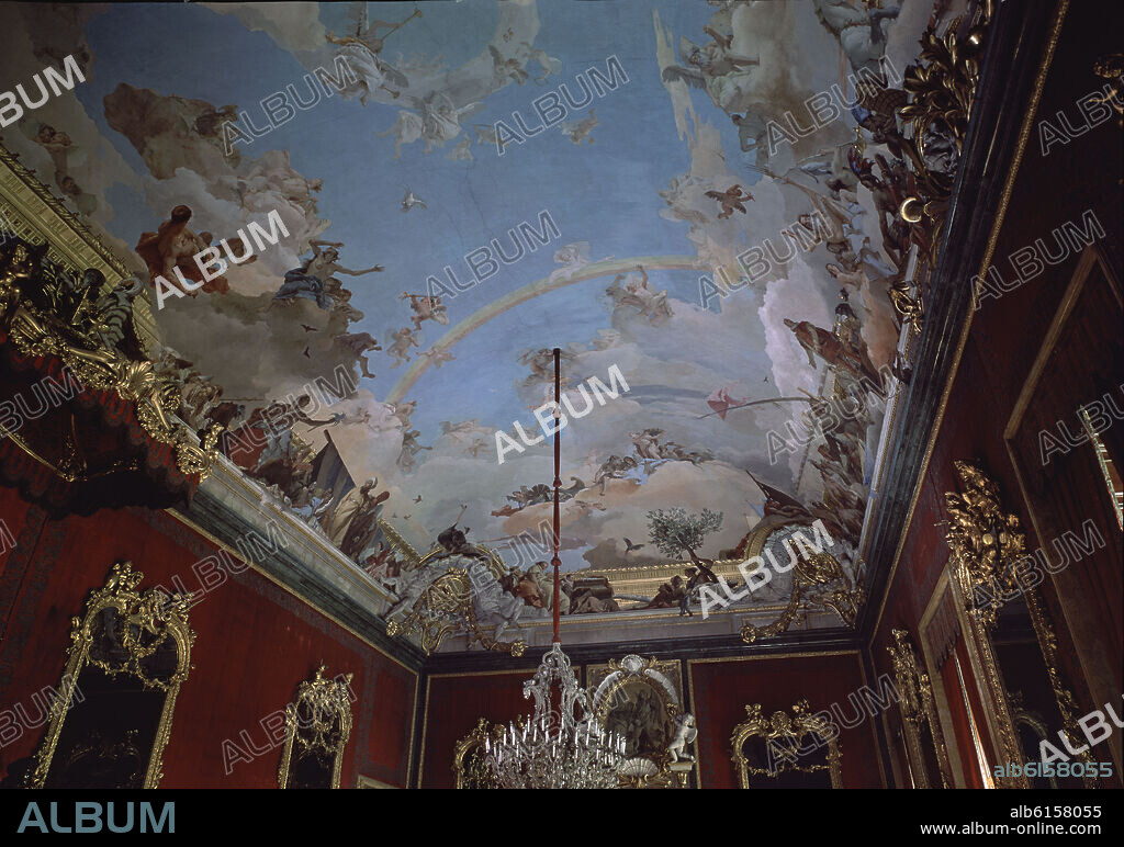GIOVANNI BATTISTA TIEPOLO (1696-1770). SALON DEL TRONO-TECHO-FRESCOS MITAD DERECHA:APOTEOSIS A LA MONARQUIA-PINTURA ROCOCO.