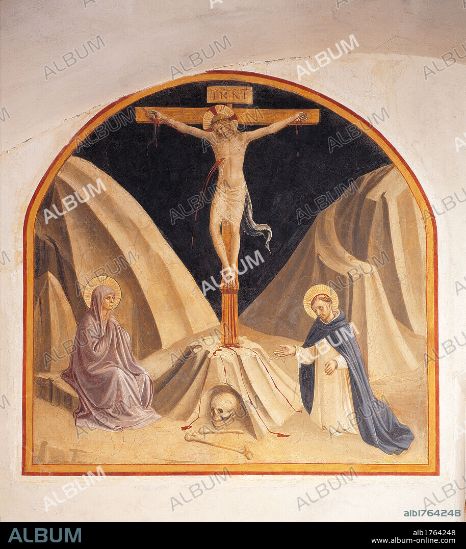 The Crucifixion with the Virgin Mary and St Dominic, by Guido di Pietro (Piero) known as Beato Angelico, 1438-1446 about, 15th Century, curved fresco,. Italy, Tuscany, Florence, San Marco Convent, second cells of the clerics. All. Christ crucifix Virgin Mary Saint Dominican St Dominic kneeling darkness dark skull vanitas blood death. Authorization required for non editorial use.