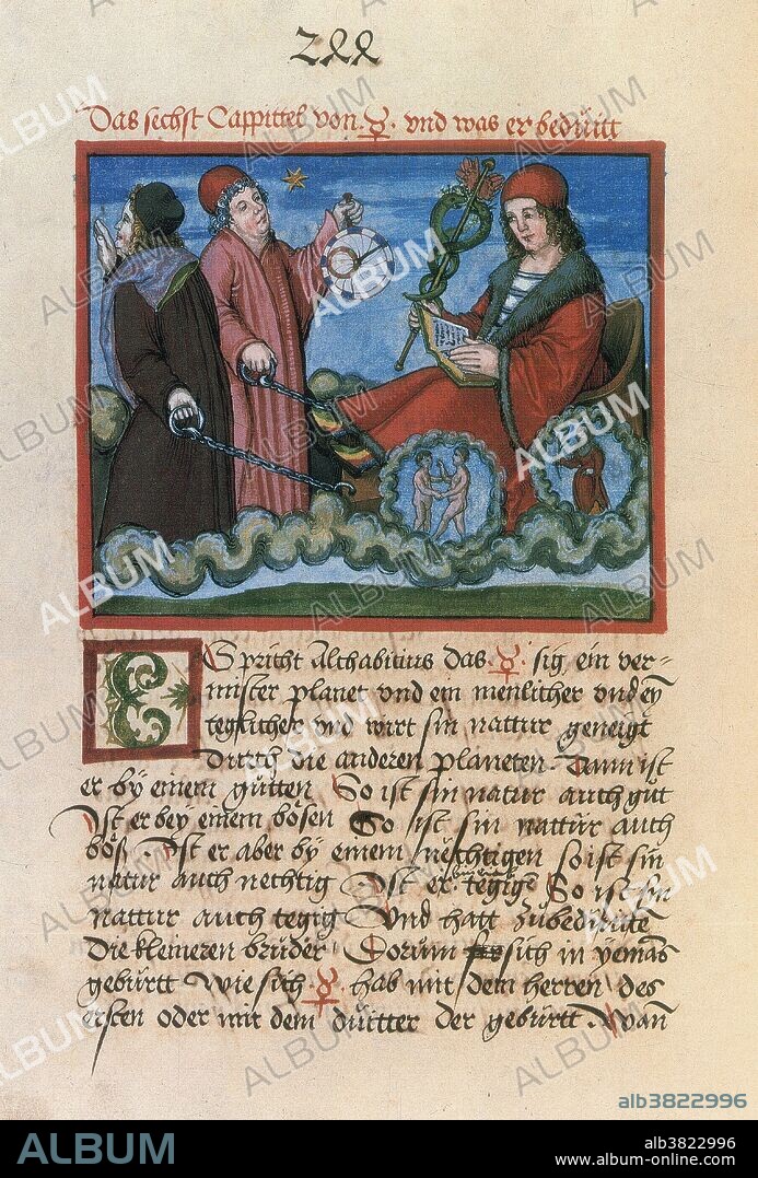 Guido Bonatti (died between 1296 and 1300) was an Italian mathematician, astronomer and the most celebrated astrologer of the 13th century. Bonatti was advisor of Frederick II, Holy Roman Emperor, Ezzelino da Romano III, Guido Novello da Polenta and Guido I da Montefeltro. He also served the communal governments of Florence, Siena and ForlÃ¬. His employers were all Ghibellines (supporters of the Holy Roman Emperor), who were in conflict with the Guelphs (supporters of the Pope). His astrological reputation was also criticized in Dante's Divine Comedy, where he is depicted as residing in hell as punishment for his astrology. His most famous work was his "Liber Astronomiae" or "Book of Astronomy", written around 1277. This remained a classic astrology textbook for two centuries. Image shows Mercury, the god of trade in Roman times, wearing tradesman's attire and holding a caduceus (a staff with entwined snakes, the ancient symbol of commerce). The symbols on the chariot's wheels are the zodiac signs Virgo and Gemini, for which Mercury is the ruling planet.