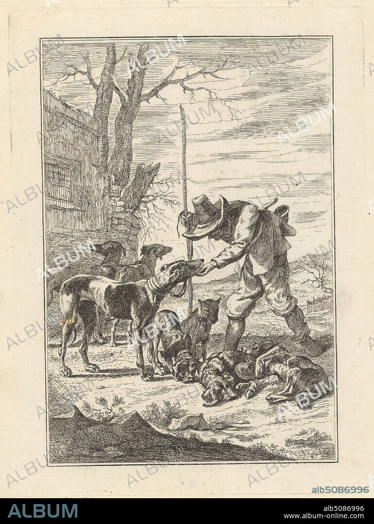 Seven and a man, a Pl. for 'A New Drawing Book...of Beasts in Various Actions' (1 of 9), Print made by George Bickham, 1683/41758, British, after unknown artist, Published by Henry Overton, 1675/61751, British, undated, Etching on medium, smooth, cream laid paper, Sheet: 11 7/8 x 7 3/8 inches (30.2 x 18.7 cm), Plate: 8 1/2 x 6 1/8 inches (21.6 x 15.6 cm), and Image: 7 3/8 x 4 15/16 inches (18.7 x 12.6 cm), animal art, boxers (breed), building, clouds, dogs (animals), genre subject, greyhounds (breed), horn, house, man, peasant, resting, scratching, Spaniels (breed), staff, Terriers (dogs), trees, winter.