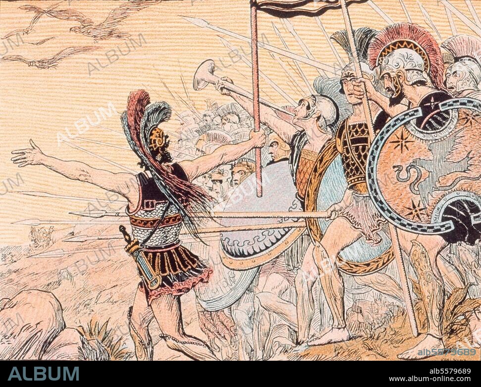 Perserkriege 500-479/78 v. Chr. Schlacht bei Marathon am 10. September. 490 v. Chr. (Die Athener unter Miltiades siegen über die Perser unter Datis und Ataphernes). "Marathon". Farbdruck, 1925, nach Zeichnung von Karl Bauer (1868-1942). Aus: Hellas, hrsg. v. E.Weber, München 1925.