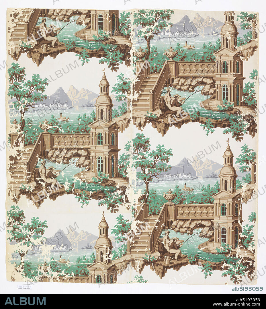Sidewall, Block-printed paper, a) In foreground, two men fish at the foot of a balustered bridge and stairway; a tower-like structure in right foreground. In background, a lake with a boat and a village on the opposite, mountainous shore. Shades of green, gray, and brown on a glossy white ground. Length includes two and one-half full repeats of scene; double-width; b) One and one-half repeats of above design., France, 185560, Wallcoverings, Sidewall.