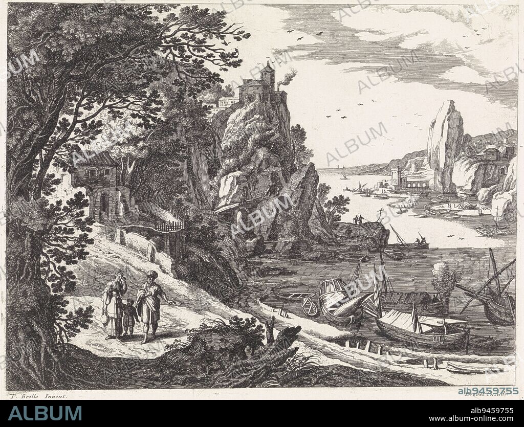 In an Italian landscape, Abraham stands next to Hagar and Ishmael. Hagar holds a pitcher in one hand and with her other hand holds a cloth to her face. In the background, a bay with a rocky shore. In the water are barges. Print from a series of Italian landscapes, Landscape with the expulsion of Hagar and Ishmael Italian landscapes (series title), print maker: Perelle, (mentioned on object), Willem van Nieulandt (II), Paul Bril, (mentioned on object), France, 1594 - 1685, paper, etching, h 245 mm × w 306 mm.