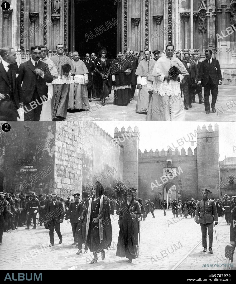 April 18, 1920. The Queen in Seville.1. HM Mrs. Victoria Eugenia Accompanied by Cardinal Almaraz and chapter when leaving Hearing mass in the Cathedral.2. The Queen in the Plaza del Triunfo. Photo barrier.