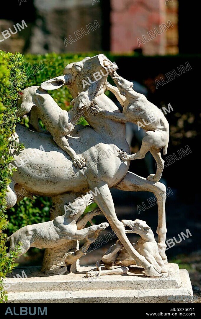 Sculpture illustrating the legend of Actaeon, who had surprised Artemis in the bath and was transformed into a stag by her and devoured by his own dogs, in the garden of the House of the Deer or Casa dei Cervi, Herculanum, which was destroyed by the eruption of Mount Vesuvius, Napoli, Campania, Italy, Europe.