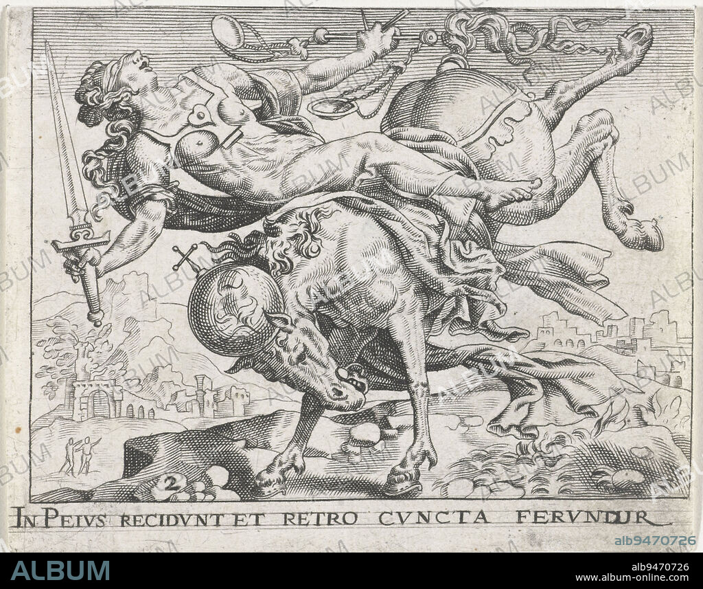 The personification of Justitia sits, with her attributes sword and balance, on a rearing horse, throwing her off his back. She falls to the ground. The horse has a globe on his head. The example for this print is part of a series of four in which the world without self-control is treated as a theme. Emblem no. 2 from Emblemata Saecularia, 1611, Justitia falls from a rearing horse IN PEIUS RECIDUNT ET RETRO CUNCTA FERUNTUR, Emblemata saecularia, 1611 (series title)., print maker: Johann Theodor de Bry, Dirck Volckertsz. Coornhert, Maarten van Heemskerck, Oppenheim, 1611, paper, engraving, h 94 mm × w 105 mm.