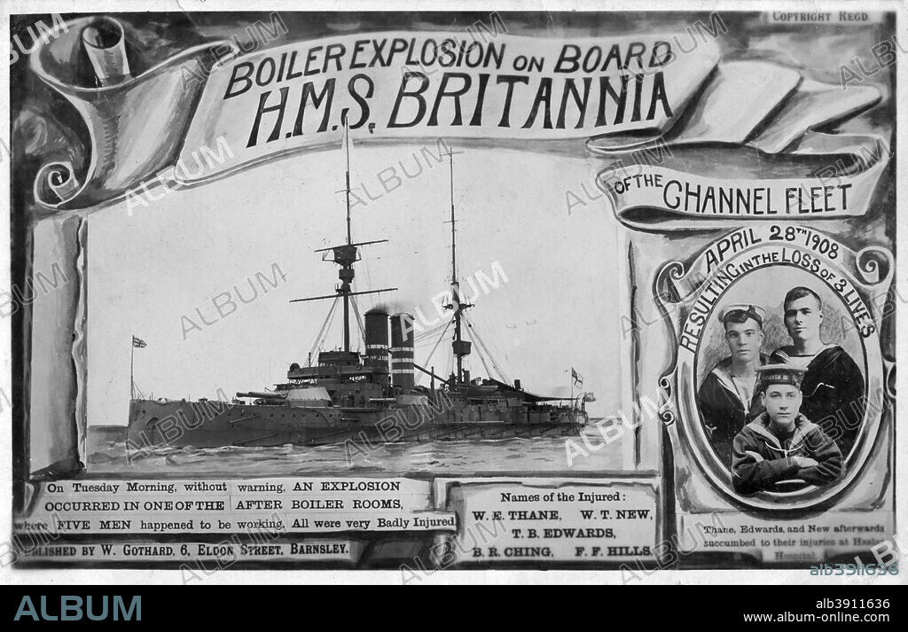 Boiler explosion on board HMS 'Britannia', 28th April 1908. The explosion, which occurred in one of the warship's aft boiler rooms, seriously injured five of the crew. Three of them died later.