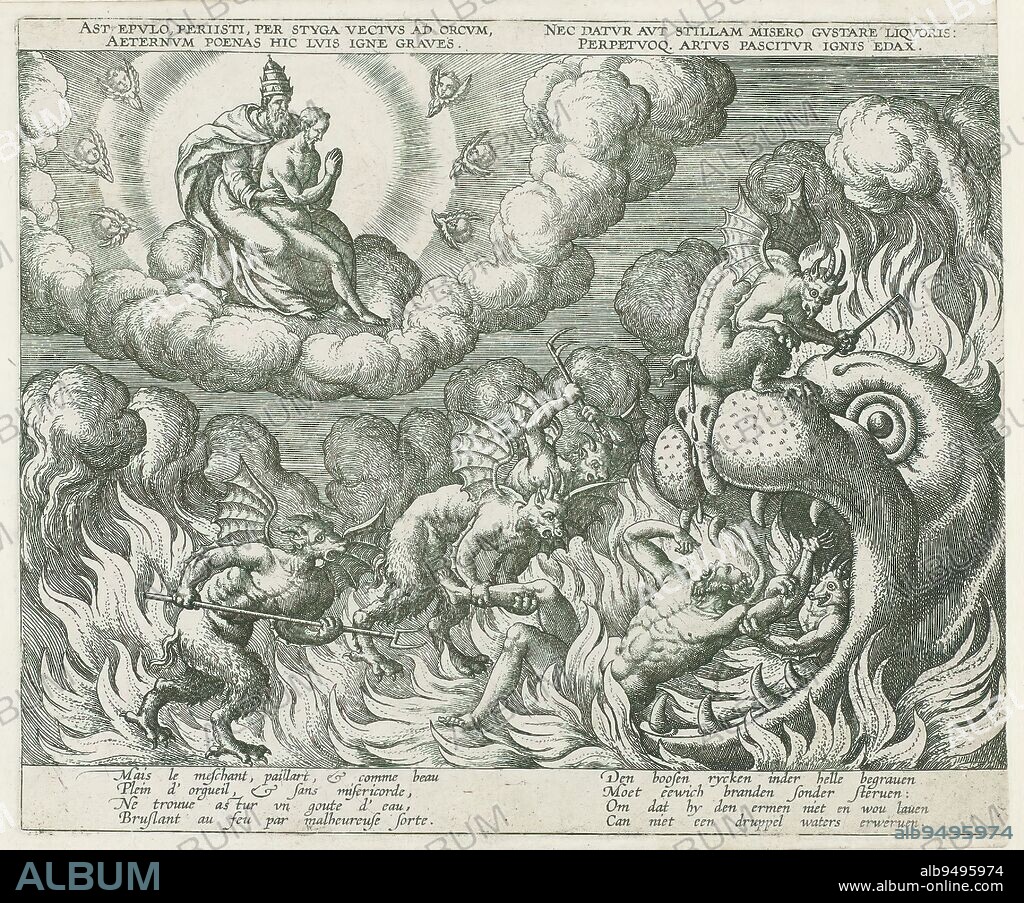 Vision of the rich man in hell, Parable of the rich man and the poor Lazarus (series title), In heaven Lazarus sits on the lap of God. Below, devils drive the rich man into the gate of hell. With upper caption in Latin and captions in French and Dutch., print maker: anonymous, after design by: Pieter van der Borcht (I), publisher: Johannes Baptista Vrints (I), print maker: Antwerp, after design by: Antwerp, publisher: Antwerp, c. 1575 - c. 1599, paper, engraving, etching, height 242 mm × width 296 mm.