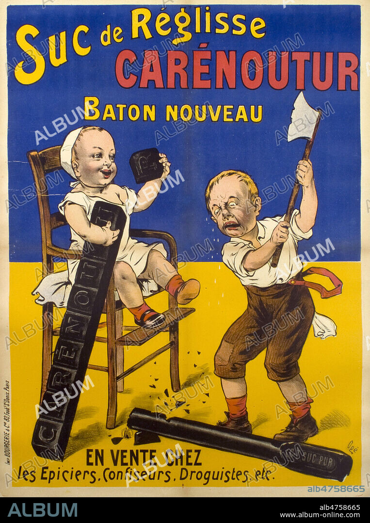 Affiche publicitaire ancienne , Suc de Reglisse Carenoutur. Illustration OGE Eugene vers 1900, 94 x 127 cm. fin 19eme siecle, debut 20eme siecle. Credit Collection privee GalDoc/Grob/KHARBINE TAPABOR.
