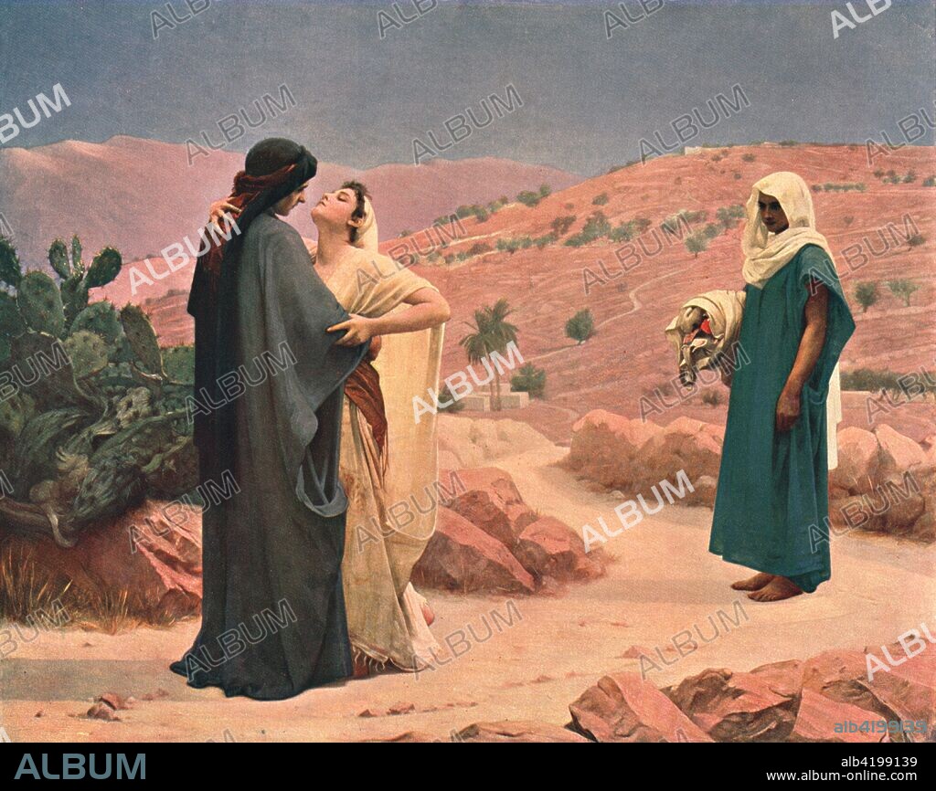 'Ruth and Naomi', 1886, (c1902). After a painting in the Walker Art Gallery, Liverpool. Scene from the Old Testament: Orpah, (on the right), stays behind in Moab while Ruth embraces her mother-in-law Naomi and insists on going with her. From The Nation's Pictures. A selection from the finest modern paintings in the public picture galleries of Great Britain, reproduced in colour. [Cassell and Company Ltd, London, c1902].
