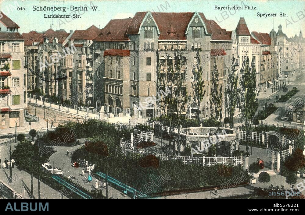 Berlin-Schöneberg, Bayerischer Platz. Platzansicht mit Landshuter und Speyerer Straße. Fotopostkarte, koloriert, 1909.