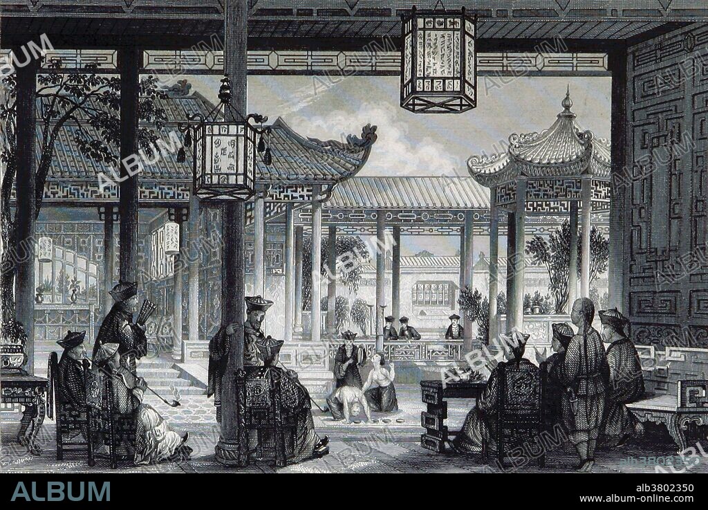 A mandarin was a bureaucrat scholar in the government of imperial China and Vietnam. The term is generally applied to the officials appointed through the imperial examination system. For around 1,300 years, from 605 to 1905, mandarins were selected by merit through the extremely rigorous imperial examination. The mandarins were the founders and core of the Chinese gentry. Entitled: "Hof eines Mandarinen Palastes." Image taken from page 419 of China, historisch romantisch, malerisch (historically romantic, picturesque). A translation by Thomas Allom with historical and descriptive notes by the Rev. G. N. Wright, published 1843.