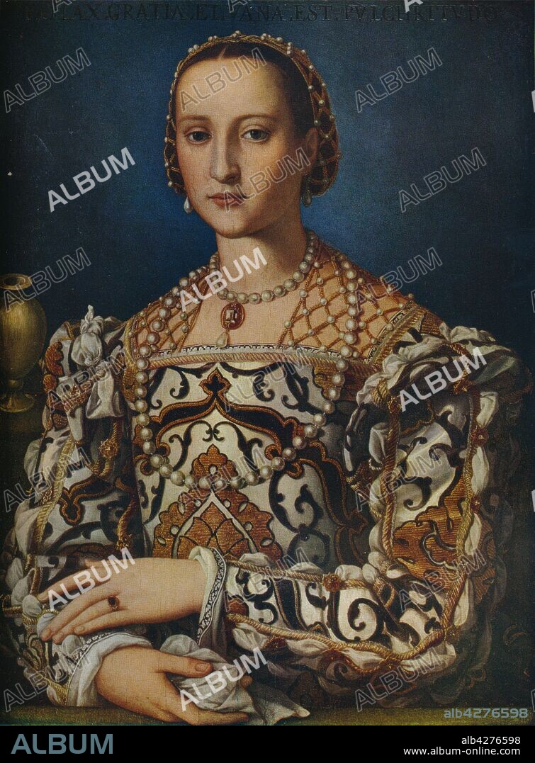 AGNOLO BRONZINO. 'Eleonora di Toledo,' c1562-1572, (1930). Portrait of Spanish noblewoman Eleanor of Toledo (1522-1562), Grand Duchess of Tuscany, wife of Cosimo dei Medici, First Grand Duke. Her hairnet is decorated with pearls, she wears a pearl necklace, and a heavily brocaded dress with blackwork embroidery and ruffled sleeves. From "The Connoisseur", Volume 86, edited by C. Reginald Grundy. [The Connoisseur Ltd, London, 1930].