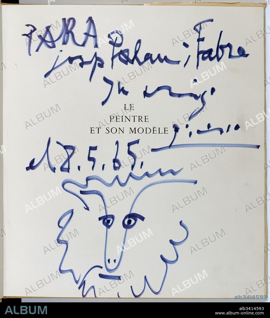 Pablo Picasso / "Dedicatoria con un esbozo", 1965, Dibujo sobre libro (rotulador azul sobre papel), 30,1 x 27,7 cm.