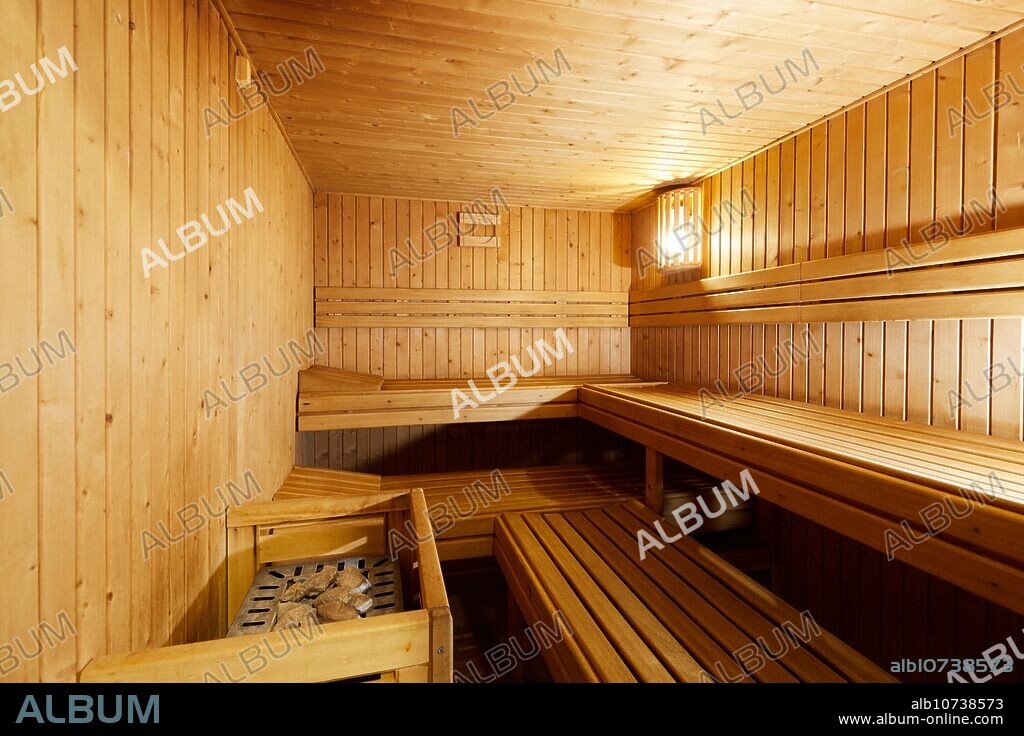 Standard Finnish wooden sauna cabin interior.Empty interior of huge sauna, Donostia, San Sebastian, Pais Vasco, España.