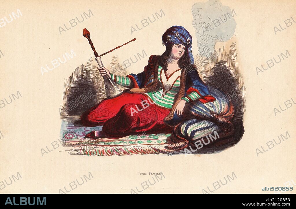 Persian noble woman in jeweled turban, fur-trimmed jacket, tunic and pantaloons, smoking a hookah pipe, reclining on cushions and carpet. Handcoloured woodcut by Pannemaker and Mercier after an illustration by H. Hendrickx from Auguste Wahlen's "Moeurs, Usages et Costumes de tous les Peuples du Monde," Librairie Historique-Artistique, Brussels, 1845. Wahlen was the pseudonym of Jean-Francois-Nicolas Loumyer (1801-1875), a writer and archivist with the Heraldic Department of Belgium.
